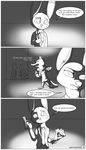  2017 anthro arctic_fox bouquet canine clothed clothing comic dialogue disney ear_markings english_text facial_markings female flower fox greyscale group gun handgun holding_object holding_weapon inside jack_savage lagomorph male mammal markings monochrome necktie pistol plant rabbit ranged_weapon skye_(zootopia) standing suit text tggeko url weapon wolf zootopia 