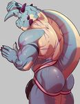  anthro atlas_(fusion_h0ss) barazoku butt clothed clothing dinosaur invalid_background invalid_tag jockstrap knuxlight looking_back male markings muscular muscular_male partially_clothed scalie solo tattoo theropod tyrannosaurus_rex underwear wet 