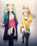  aqua_hair bangs blonde_hair blue_eyes bow closed_mouth coat collarbone commentary digital_media_player dress earphones green_hair hair_bow hair_ornament hair_over_one_eye hairclip hand_in_hair hand_in_pocket hand_up hatsune_miku highres ipod ipod_nano jewelry kagamine_rin knee_up listening_to_music long_hair looking_at_another miniskirt multiple_girls necklace one_eye_closed open_clothes open_coat open_mouth pantyhose rainbow shared_earphones shirt short_hair short_sleeves skirt smile standing striped striped_skirt thighhighs twintails very_long_hair vocaloid white_bow white_dress yatsuha_(hachiyoh) yellow_shirt 