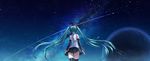  aqua_hair arms_at_sides bare_shoulders black_legwear black_skirt caustics commentary detached_sleeves facing_away floating_hair from_behind hatsune_miku headphones headset highres jirofly long_hair medium_skirt milky_way night night_sky planet pleated_skirt shiny shiny_hair shirt shooting_star skirt sky sleeveless sleeveless_shirt solo standing star_(sky) starry_sky thighhighs twintails very_long_hair vocaloid white_shirt zettai_ryouiki 