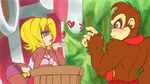  &lt;3 anthro ape askprincessplum bare_shoulders blonde_hair blue_eyes blush brown_fur candy_kong clothing donkey_kong_(character) donkey_kong_(series) duo eyeshadow female fur hair hi_res lipstick makeup male mammal monkey navel necktie nintendo primate video_games 