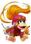  2017 5_toes archiri banana barefoot blonde_hair blue_eyes brown_fur clothing dixie_kong donkey_kong_(series) ear_piercing english_text female feral food fruit fur hair hat jewelry long_hair mammal monkey nintendo open_mouth piercing ponytail prehensile_feet primate simple_background soles solo text toes video_games 
