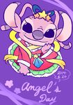  2014 4_fingers alien angel_(lilo_and_stitch) antennae boreuben claws clothed clothing digital_drawing_(artwork) digital_media_(artwork) disney dress experiment_(species) eyelashes female fur hand_on_face high-angle_view lilo_and_stitch looking_at_viewer pink_claws pink_fur purple_background purple_eyes purple_nose ribbons simple_background solo star 