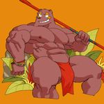  abs ambiguous_species better_version_at_source big_muscles bracelet bulge clothing jewelry loincloth male mammal melee_weapon muscular muscular_male nipples pecs polearm simple_background sitting smile solo spear syukapong thick_thighs underwear weapon 