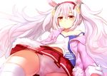  animal_ears azur_lane bangs bunny_ears camisole closed_mouth commentary_request from_below fur_trim highres jacket laffey_(azur_lane) long_hair miniskirt navel open_clothes open_jacket panties pink_hair pink_panties red_eyes red_skirt sidelocks silver_hair skirt solo strap_slip striped striped_legwear sukemyon thighhighs tsurime twintails underwear upskirt white_legwear 