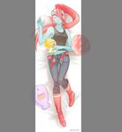  anthro blue_skin boots clothed clothing eye_patch eyewear female fish footwear gills hair long_hair lying marine noaharbre pillow plushie ponytail red_hair shirt solo tank_top undertale undyne video_games 