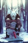  animal_genitalia animal_penis anthro bad_dragon balls big_penis bottomless canine canine_penis clothed clothing erection fur knot korichi looking_at_viewer male mammal outside penis solo white_fur wolf 