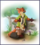  animal_genitalia balls black_fur canine clothed clothing colifox cup detailed_background disney fox fur green_eyes half-closed_eyes khakis male mammal necktie nick_wilde open_shirt orange_fur pants pants_down partially_clothed pubes sheath shirt smile smirk solo stone_wall tan_fur thumbs_up tree zootopia 