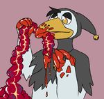  absurd_res avian bird blood claws clothed clothing death digital_drawing_(artwork) digital_media_(artwork) disembowelment eating eating_flesh gore guts hi_res holding_object intestines leveretry male open_mouth ravrow simple_background smile solo 