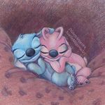  &lt;3 2013 4_toes alien angel_(lilo_and_stitch) antennae bedding blue_fur blue_nose cute disney duo experiment_(species) eyes_closed fur head_tuft lilo_and_stitch noelle_magana pink_fur sleeping small_tail smile stitch toes traditional_media_(artwork) watermark 