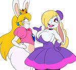  2017 anthro big_breasts blonde_hair bottomless breast_envy breasts cleavage clothed clothing duo female flat_chested hair harriet_(mario) lagomorph mammal mario_+_rabbids:_kingdom_battle mario_bros nintendo one_eyes_closed rabbid rabbid_peach rabbit red_eyes simple_background sssonic2 super_mario_odyssey tears video_games white_background 