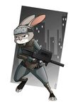  anthro armor body_armor clothed clothing cosplay crossover disney female fingerless_gloves fully_clothed fur gloves grey_fur gun holding_object holding_weapon judy_hopps kitexavier lagomorph mammal motoko_kusanagi rabbit ranged_weapon running solo weapon white_fur zootopia 