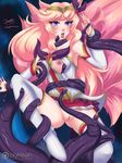  2017 ahri_(lol) animal_humanoid areola blonde_hair bottomless breasts canine clitoris clothed clothing female footwear fox fox_humanoid gloves hair hi_res humanoid imminent_rape imminent_sex league_of_legends legwear long_hair mammal multi_tail nipples open_mouth partially_clothed patreon pink_hair poppytart purple_eyes pussy restrained riot_games shoes solo spread_legs spreading stockings suspension tears tentacles text thigh_highs torn_clothing video_games 