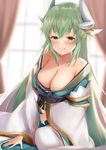  backlighting bare_shoulders blue_kimono blurry blurry_background blush breasts cleavage collarbone curtains depth_of_field eyebrows_visible_through_hair fate/grand_order fate_(series) green_eyes green_hair highlights highres horns indoors japanese_clothes kimono kiyohime_(fate/grand_order) large_breasts long_hair long_sleeves looking_at_viewer maosame multicolored_hair obi off_shoulder open_clothes open_kimono sash solo sweat very_long_hair white_legwear wide_sleeves window 
