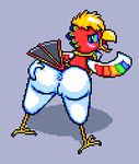  anthro avian bird blonde_hair blue_eyes blue_feathers blush breasts butt clothing digital_media_(artwork) dyna_blade dyna_blade_(species) dynablade_savior feathers female green_feathers hair kirby_(series) nintendo open_mouth open_smile pussy red_feathers rosy_cheeks simple_background smile solo video_games 