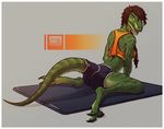  anthro barefoot bra braided_hair breasts brown_hair clothed clothing dinosaur female hair kneeling lolzguy mat muscular open_mouth raptor scalie simple_background sitting talons teeth theropod tongue underwear 