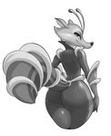  2017 alien anthro big_butt butt clothing conditional_dnp eyelashes female fur ice_age looking_back mammal monochrome rodent saber-toothed_squirrel scratazon_(ice_age) scratazon_leader simple_background skinsuit smile solo thick_thighs tight_clothing wide_hips xopachi 