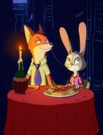  2016 abstract_background alley anthro candle canine chair clothed clothing disney duo female food fox fur green_eyes hi_res inner_ear_fluff judy_hopps lagomorph male mammal nekr0ns nick_wilde object_in_mouth outside pasta purple_eyes rabbit sitting size_difference spaghetti table zootopia 