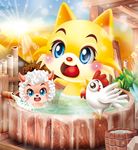  ambiguous_gender avian bamboo bath bird blue_eyes building caprine cat chibi chicken feline flower fountain_grass fur group hill japanese mammal open_mouth outside plant red_cheeks red_nose sheep simple_background sun yellow_fur 