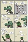  2017 alligator angie_(study_partners) anthro bow_tie clothed clothing comic crocodilian dialogue elephant english_text eyewear fangs female glasses green_eyes male mammal open_mouth ragdoll_(study_partners) reptile scalie speech_bubble study_partners teeth text thunderouserections tongue trunk turtle tusks young 