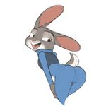  2016 anthro bedroom_eyes bent_over buckteeth butt clothed clothing disney female filthypally fur grey_fur half-closed_eyes hand_on_thigh hi_res judy_hopps lagomorph looking_back mammal multicolored_fur open_mouth open_smile police police_uniform presenting presenting_hindquarters purple_eyes rabbit seductive simple_background smile solo teeth two_tone_fur uniform white_background zootopia 