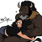  &lt;3 2016 5_fingers anthro bgn bison black_clothing black_eyebrows black_fur black_hair black_shirt black_topwear blue_bottomwear blue_clothing blue_pants blush bovine brown_fur brown_hair brown_tail buffalo clothed clothing cuddling digital_media_(artwork) duo eyebrows eyes_closed eyewear fully_clothed fur gilberto_(bgn) glasses grey_horn hair horn human light_skin long_hair male male/male mammal multicolored_fur noseless nude pants ponytail shirt signature simple_background sitting smile tail_tuft tuft white_background 