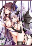  2girls absurdres anotoki_ashi bound breast_poke breasts brown_hair collarbone demon_girl elbow_gloves flower gloves groping hair_ribbon highres horns large_breasts lingerie long_hair medium_breasts midriff multiple_girls new_game! open_mouth poking purple_eyes purple_hair ribbon succubus suzukaze_aoba takimoto_hifumi tearing_up tears teasing thighhighs tied_up tongue tongue_out twintails underwear wings yuri 