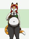  2017 americananomaly_(artist) anthro belly big_belly canine clothing deep_navel dog feline female hair irish long_hair lynx lynxuki mammal navel necktie overweight riley_o&#039;shane saluki solo stomach_noises stuffing suit 