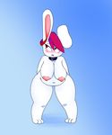  anthro big_breasts blush breasts collar female fur hair iguanasarecool lagomorph mammal nipples nude open_mouth piercing rabbit red_hair slightly_chubby solo standing thick_thighs white_fur wide_hips 