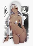  abstract_background absurdres altera_(fate) arm_at_side ass_visible_through_thighs bangs bikini blunt_bangs breasts breasts_apart brown_nails closed_mouth collarbone contrapposto cowboy_shot cropped_legs dark_skin expressionless eyebrows_visible_through_hair fate/grand_order fate_(series) groin halterneck highres light_frown looking_at_viewer medium_breasts medium_hair mons_pubis nail_polish navel quuni rainbow_gradient red_eyes shiny shiny_clothes silver_bikini silver_hair skindentation solo standing strap_gap string_bikini swimsuit tattoo thigh_gap thighs towel towel_on_head tsurime 