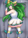  2017 all_fours animal_humanoid anus big_butt blue_eyes boots bottomless butt clothed clothing cute_fangs female footwear gloves green_hair hair humanoid league_of_legends legwear looking_back lulu_(lol) open_mouth patreon pointy_ears poppytart pussy riot_games shoes short_stack shortstack simple_background skirt solo solo_focus video_games wide_hips yordle 