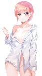 1girl absurdres blue_eyes blush bottomless breasts clenched_hand contrapposto cowboy_shot dress_shirt go-toubun_no_hanayome highres long_sleeves looking_at_viewer medium_breasts nakano_ichika naked_shirt no_bra off_shoulder open_clothes open_shirt pink_hair shirt short_hair single_bare_shoulder smile solo sunhyun unbuttoned unbuttoned_shirt white_shirt 