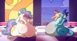  2017 absurd_res ambiguous_gender belly big_belly cutie_mark dragon equine feathered_wings feathers female feral friendship_is_magic hair hi_res horn hyper hyper_belly long_hair mammal membranous_wings multicolored_hair multicolored_tail my_little_pony obese overweight overweight_female princess_celestia_(mlp) princess_ember_(mlp) purple_eyes red_eyes stomach_noises stunnerpony vore winged_unicorn wings 