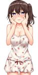  absurdres bangs bare_arms bare_shoulders bloomers blue_eyes blush breasts brown_hair camisole cleavage collarbone cowboy_shot eyebrows_visible_through_hair food_print hands_on_own_cheeks hands_on_own_face hands_up heart heart-shaped_pupils highres jaku_denpa looking_at_viewer medium_breasts nose_blush original parted_lips red_ribbon ribbon shiny shiny_hair short_hair side_ponytail simple_background smile solo spaghetti_strap standing strawberry_print symbol-shaped_pupils thigh_gap underwear underwear_only white_background yandere yandere_trance 