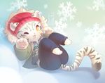  2017 anthro chibi clothed clothing cute digital_media_(artwork) feline fur levaligress looking_at_viewer male mammal open_mouth outside paws snow solo stripes tiger white_fur winter 