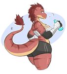  2017 bandage butt clothing dinosaur female kilinah lenalia looking_at_viewer raptor risqueraptor scalie shorts smile solo stripes theropod water_bottle 