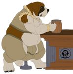  bar barustool beer_stein belly biceps big_bulge big_muscles big_pecs bracelet bulge canine claws cup digitigrade dog frown hyper jewelry male mammal musclegut muscular muscular_arms pawpads paws pecs saint_bernard sitting slightly_chubby solo triceps xatanlion 