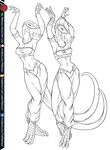  allosaur allosaurus amber_(raphael) anthro anthrosaurs belly_dancer breasts claws clothed clothing digital_media_(artwork) dinosaur duo female hypsilophodon line_art liz_(taliesaurus) predaguy scalie scu_gang smile theropod 