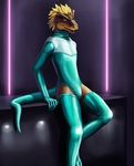 blonde_hair blue_clothing bulge clothed clothing dinosaur hair legwear leotard looking_at_viewer male mitokep open_mouth raptor rubber scalie solo standing theropod thigh_highs 