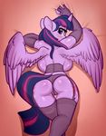  2017 anthro armwear blush breasts butt clothing cutie_mark elzzombie equine feathered_wings feathers female friendship_is_magic hair hi_res horn legwear looking_at_viewer looking_back mammal my_little_pony pussy solo translucent transparent_clothing twilight_sparkle_(mlp) underwear winged_unicorn wings 