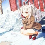  absurdres ayanami_(azur_lane) azur_lane coat commentary eyebrows_visible_through_hair eyes_visible_through_hair hair_between_eyes hand_on_own_cheek headgear hellnyaa highres long_hair looking_at_viewer mittens ponytail red_eyes skirt smile snow solo squatting white_hair 