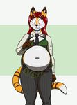  2017 americananomaly_(artist) anthro belly big_belly canine clothing deep_navel dog embarrassed feline female gurgle hair irish long_hair lynx lynxuki mammal navel necktie overweight riley_o&#039;shane saluki solo stomach_noise stomach_noises stuffing suit 