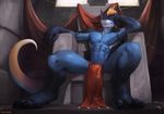  2017 abs anthro biceps blonde_hair bulge chunie claws clothed clothing detailed_background digital_media_(artwork) digital_painting_(artwork) dragon hair hi_res horn inside loincloth looking_at_viewer looking_down male muscular muscular_male obliques pecs scalie smile solo teryx_commodore toe_claws toes topless yellow_eyes 