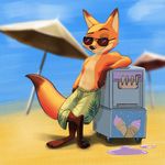  2017 anthro beach beach_umbrella clothing disney eyewear ice_cream_machine male nick_wilde sand seaside shorts solo sunglasses tash0 zootopia 