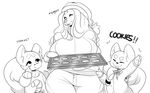  2017 anthro big_breasts breasts canine cherrikissu christmas clothed clothing cookie cute digital_media_(artwork) dog dogmom eyes_closed female food frankie_(cherrikissu) hair holidays huge_breasts mammal mature_female monochrome mother parent saluki simple_background stacy_(cherrikissu) thick_thighs voluptuous white_background wide_hips young 