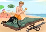  2017 beach beach_towel beach_umbrella black_hair breast_squish breasts brown_hair butt clothed clothing crossed_arms dialogue ear_piercing fangs female flick-the-thief green_skin hair human humanoid long_hair lying male mammal melee_weapon nervous not_furry nude on_front on_towel orc piercing pointy_ears sea seaside short_hair size_difference sweat sweatdrop sword tattoo topless towel water weapon yellow_eyes 
