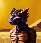  collar dragon leash looking_at_viewer male mitokep muzzle_(object) muzzled outside red_eyes scalie solo 