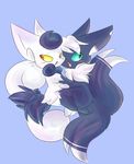  ambiguous_gender anthro blue_sclera blush duo green_eyes hi_res leslichuu meowstic nintendo pok&eacute;mon pok&eacute;mon_(species) red_eyes semi-anthro simple_background video_games yellow_sclera 