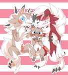 2017 animal_genitalia balls blue_eyes blush canine claws cub erection fur hair knot lycanroc male mammal midday_lycanroc midnight_lycanroc nintendo open_mouth penis pok&eacute;mon pok&eacute;mon_(species) red_eyes red_fur rockruff smile toe_claws tongue unknown_artist video_games white_fur young 
