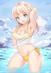  arm_up armpits aymusk bikini blonde_hair blue_eyes blush breasts cleavage highres large_breasts long_hair medium_breasts open_mouth original see-through_silhouette solo swimsuit wading wet wet_clothes yellow_bikini 